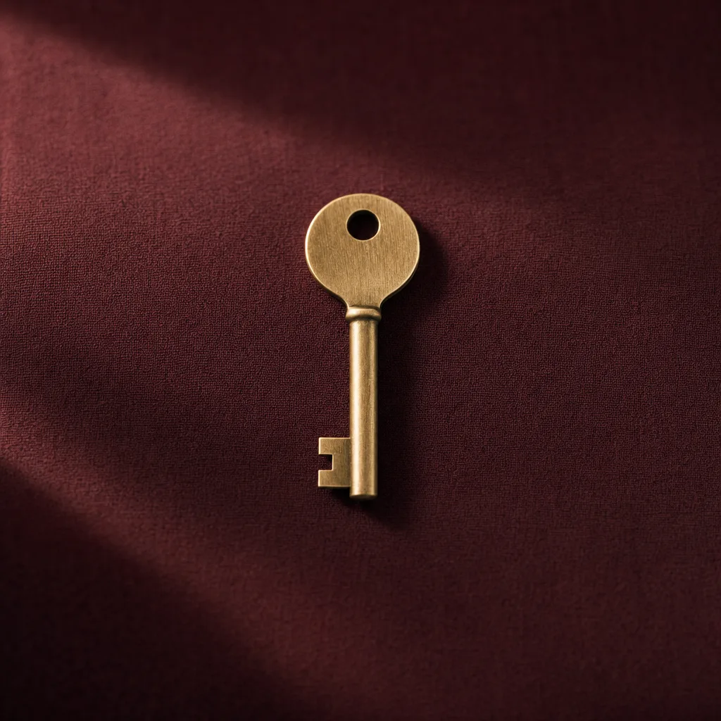 A single brass key on maroon linen